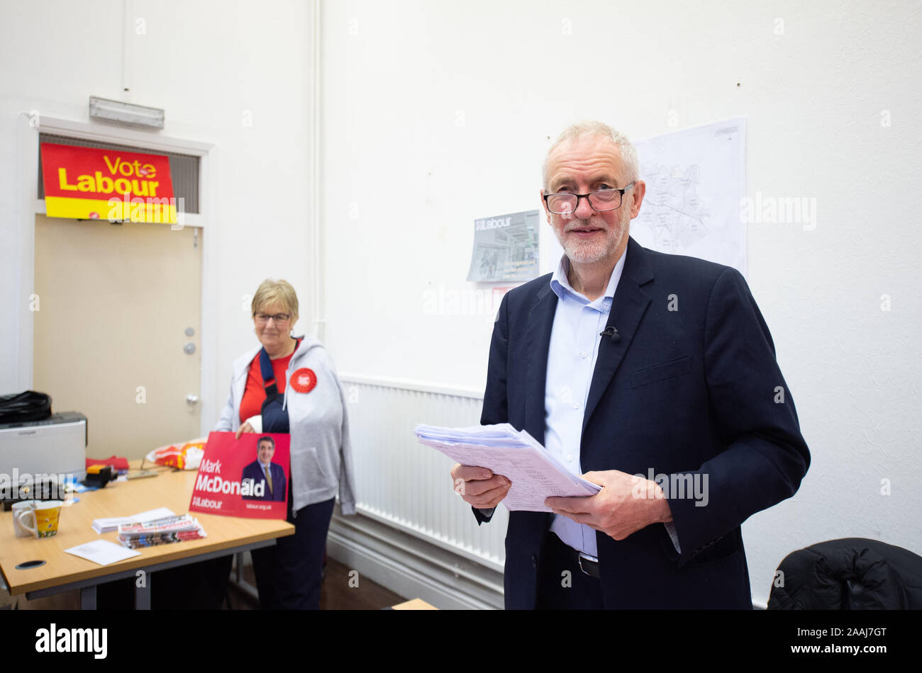Labour Party leader Jeremy Corbyn with voter registration forms in the campaign office of candidate for Stoke-on-Trent South Mark McDonald, during a visit to Fenton Town Hall, while on the General Election campaign trail. Stock Photo