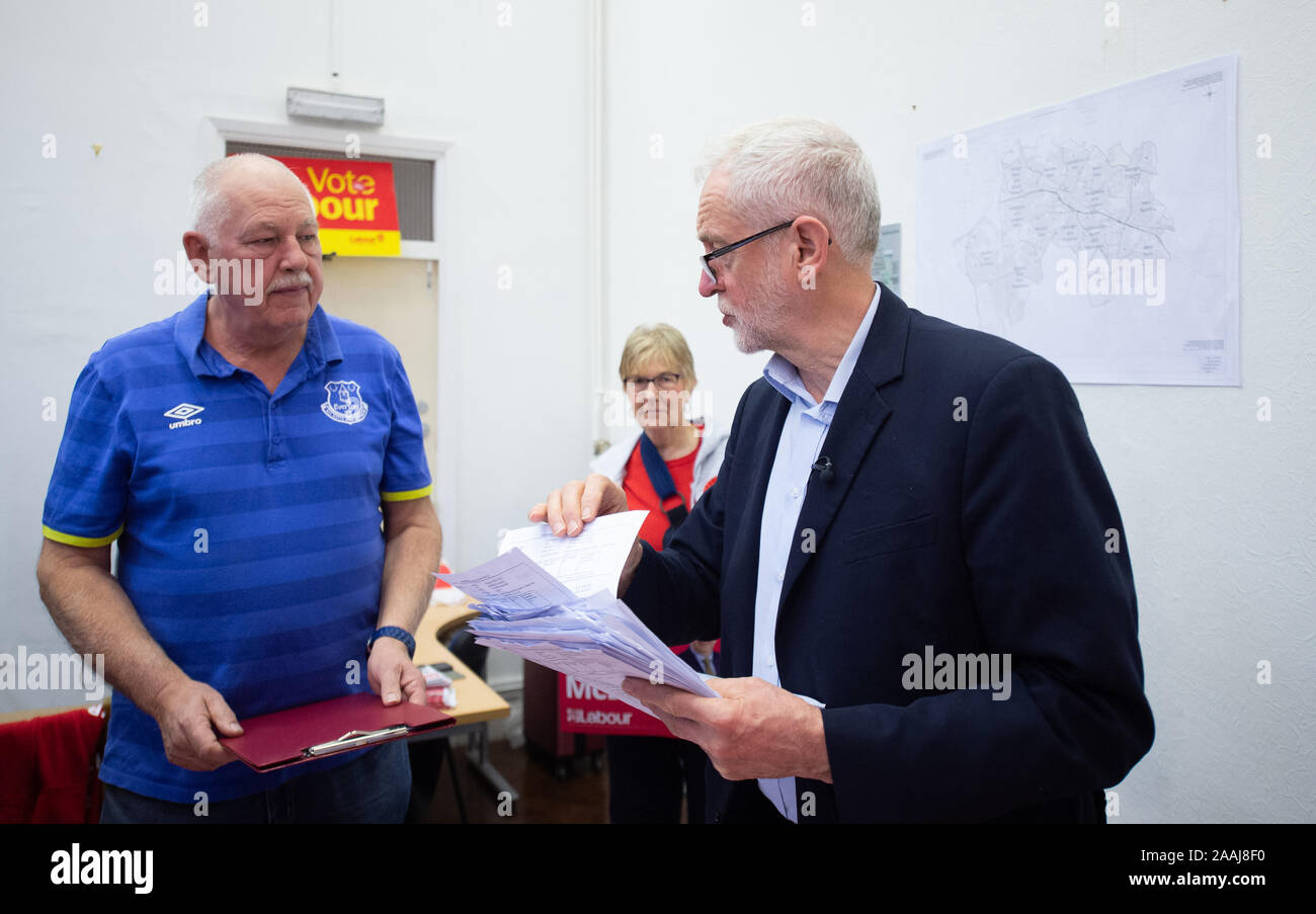 Labour Party leader Jeremy Corbyn (right) with activisits in the campaign office of candidate for Stoke-on-Trent South Mark McDonald (not pictured), during a visit to Fenton Town Hall, while on the General Election campaign trail. Stock Photo