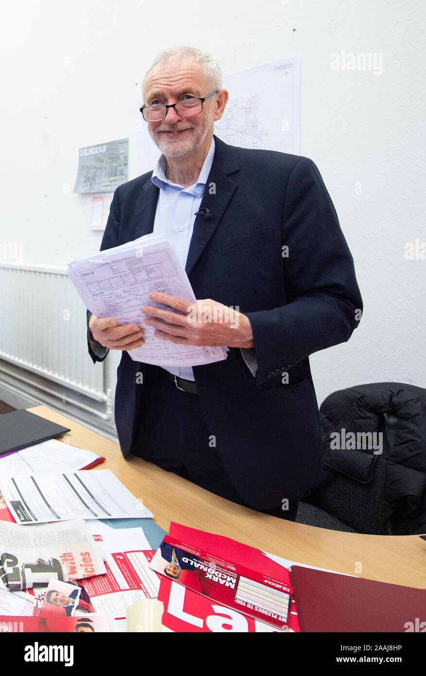 Labour Party leader Jeremy Corbyn with voter registration forms in the campaign office of candidate for Stoke-on-Trent South Mark McDonald, during a visit to Fenton Town Hall, while on the General Election campaign trail. Stock Photo