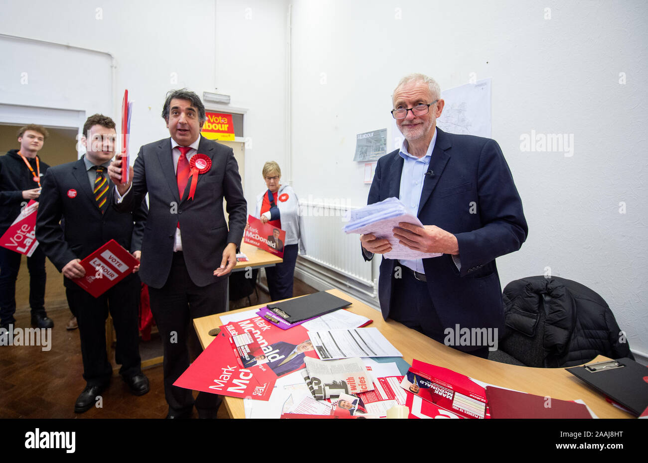 Labour Party leader Jeremy Corbyn (right) with candidate for Stoke-on-Trent South Mark McDonald (centre left) in his campaign office during a visit to Fenton Town Hall, while on the General Election campaign trail. Stock Photo