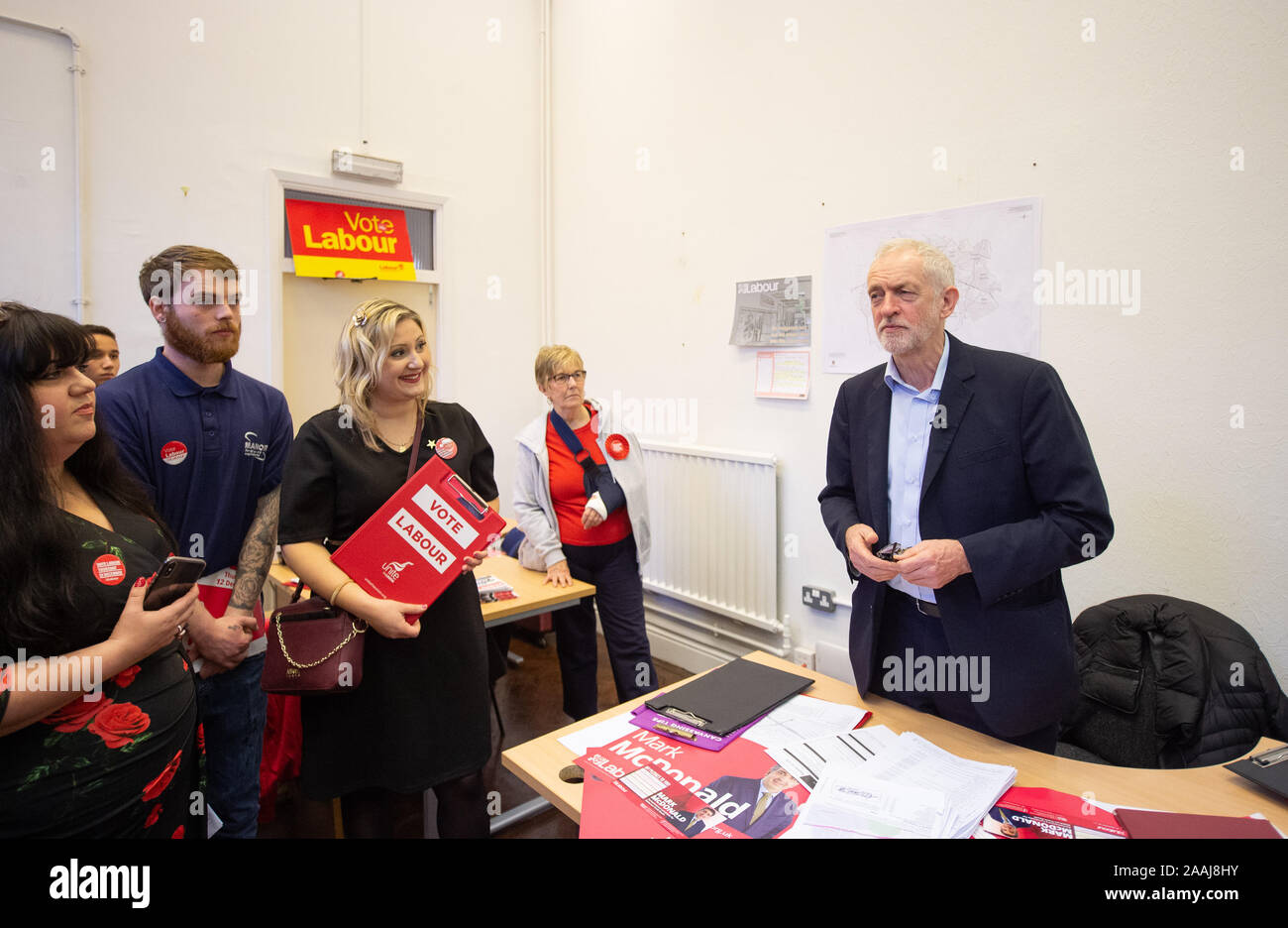 Labour Party leader Jeremy Corbyn with activisits in the campaign office of candidate for Stoke-on-Trent South Mark McDonald, during a visit to Fenton Town Hall, while on the General Election campaign trail. Stock Photo
