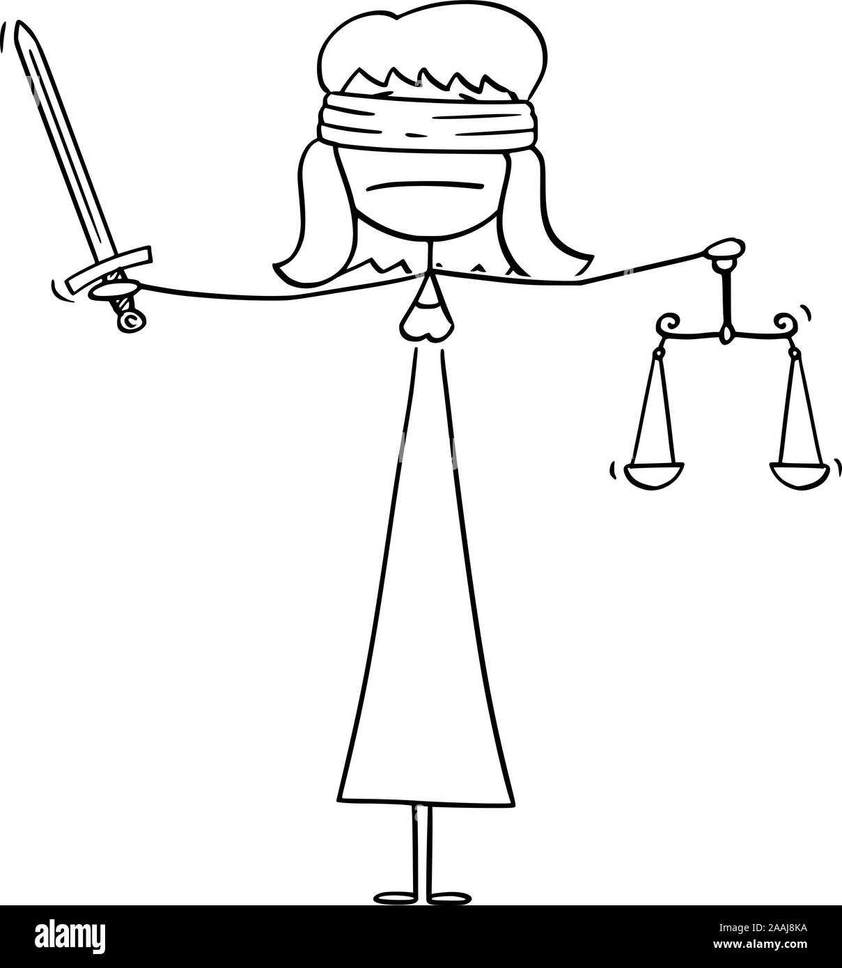 Vector cartoon stick figure drawing conceptual illustration of madam or lady justice blindfolded woman holding sword and balance scales. Allegorical personification of moral force in judicial system. Stock Vector