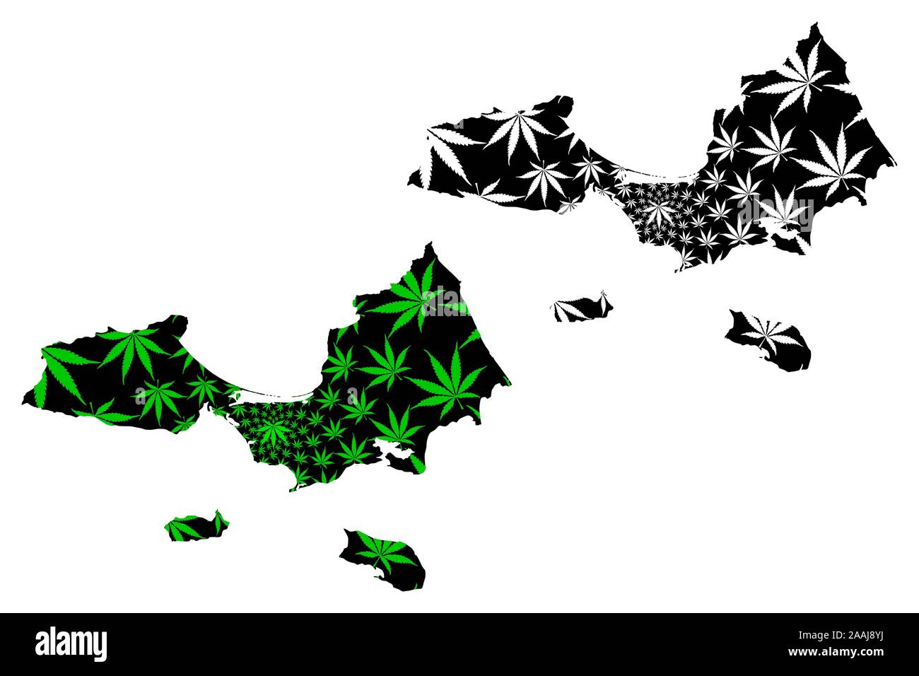 Nueva Esparta State (Venezuela) map is designed cannabis leaf green and black, Estado Nueva Esparta (Margarita Island, Coche and Cubagua) map made of Stock Vector
