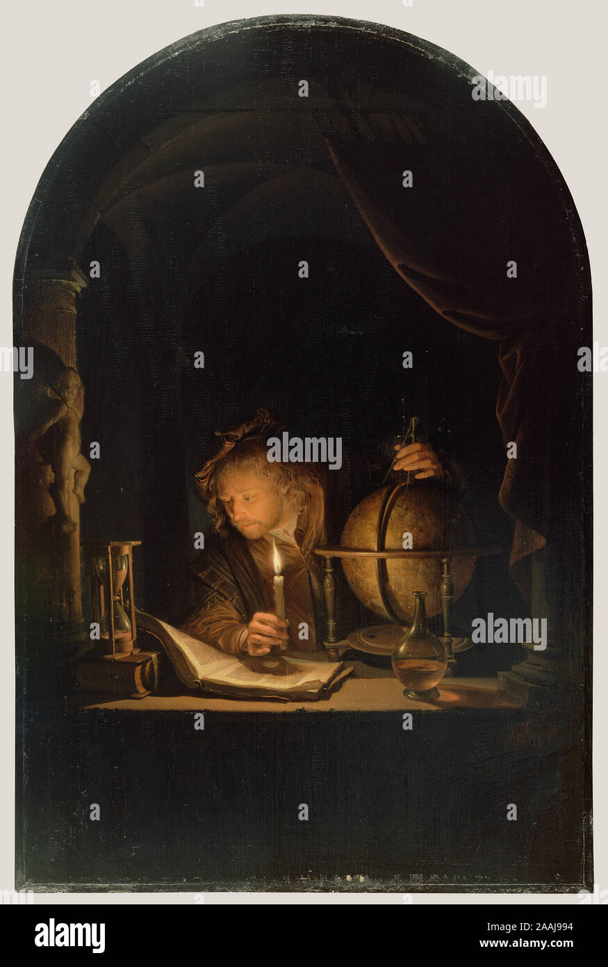 Astronomer by Candlelight; Gerrit Dou (Dutch, 1613 - 1675); Netherlands; late 1650s; Oil on panel; 32 × 21.2 cm (12 5/8 × 8 3/8 in.); 86.PB.732 Stock Photo