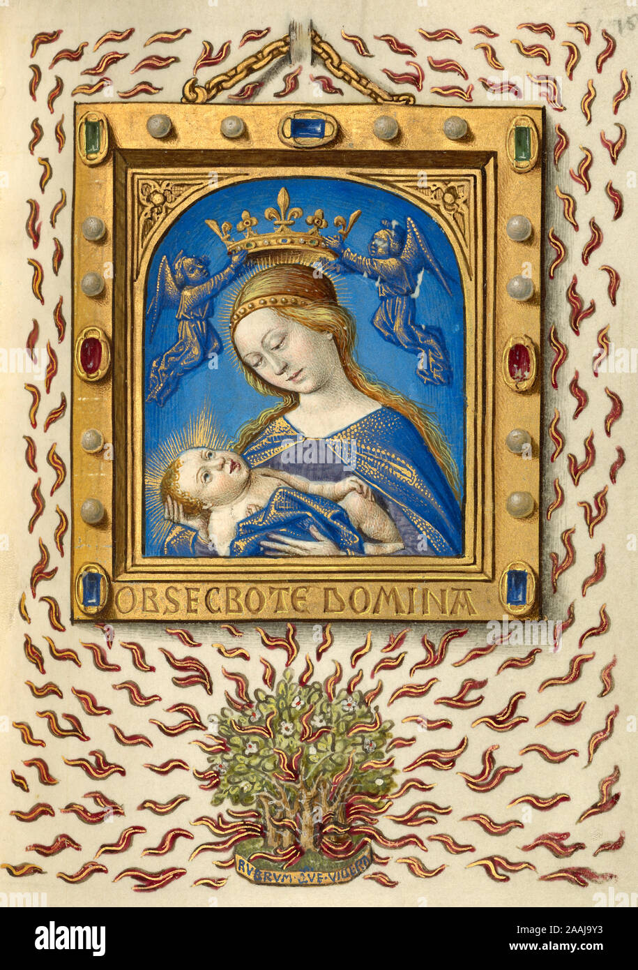 Madonna of the Burning Bush; Georges Trubert (French, active Provence, France 1469 - 1508); Provence, France; about 1480–1490; Tempera colors, gold leaf, gold and silver paint, and ink on parchment; Leaf: 11.4 × 8.6 cm (4 1/2 × 3 3/8 in.); Ms. 48, fol. 154 Stock Photo