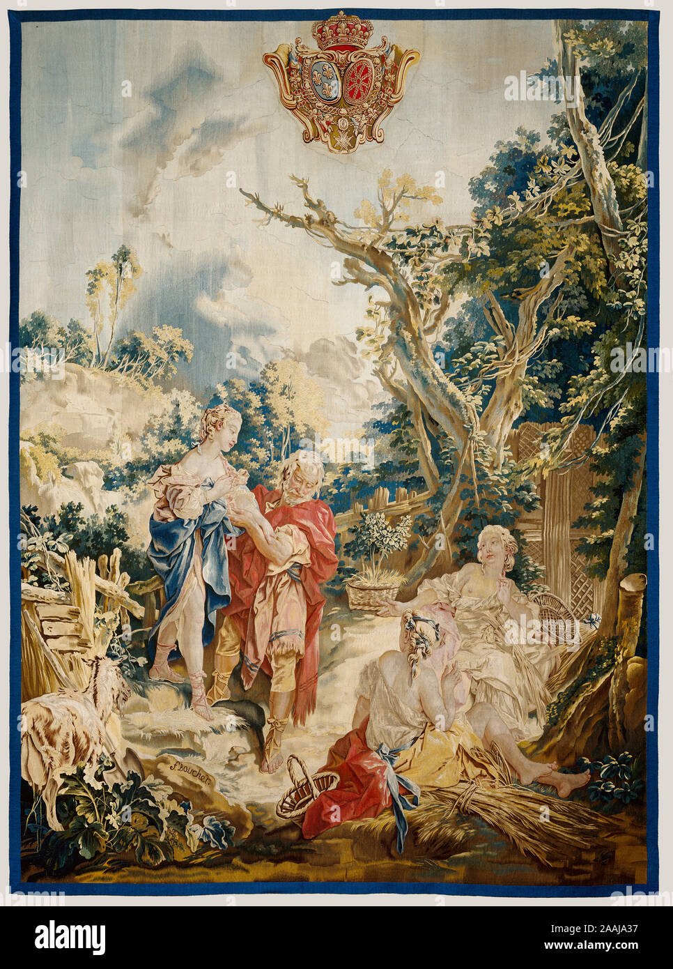 Tapestry: Psyche at the Basketmakers; After design by François Boucher (French, 1703 - 1770), woven under the direction of Nicolas Besnier (French, 1714 - 1754), and Jean-Baptiste Oudry (French, 1686 - 1755), or André Charlemagne Charron (French, active 1754 - 1780), Beauvais Manufactory (French, founded 1664); Beauvais, France; about 1750; Silk and wool Stock Photo