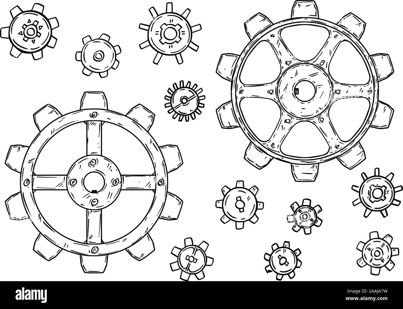 Vector drawing or illustration of set of cogwheels or gearwheels or toothed wheels in black on white background. Stock Vector