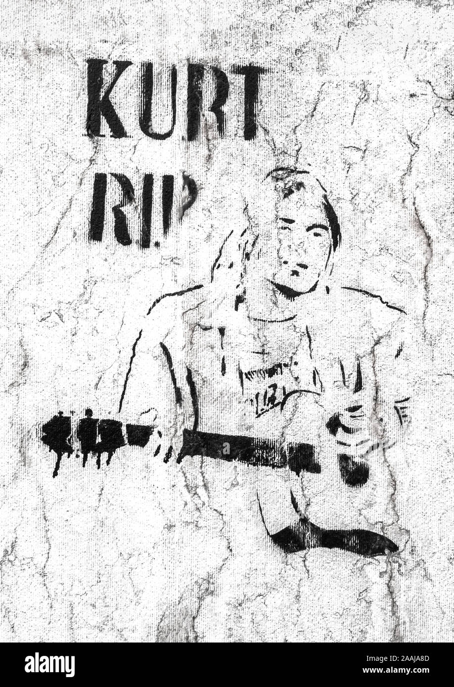 Kurt Cobain character. Graffiti / stencil on grungy wall. Bergamo, ITALY - May 20, 2019. Stock Photo