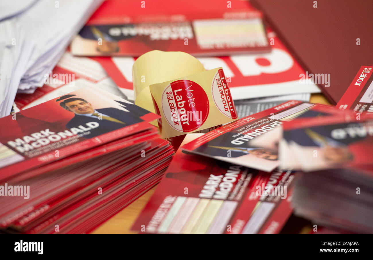 Labour Party stickers and leaflets in the campaign office of candidate for Stoke-on-Trent South Mark McDonald at Fenton Town Hall. Stock Photo