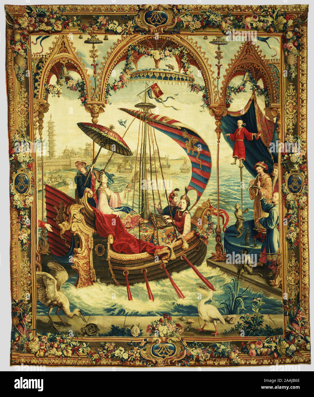 Tapestry: The Empress Sailing from The Story of the Emperor of China Series; After designs by Guy-Louis Vernansal (French, 1648 - 1729), and Jean-Baptiste Monnoyer (French, 1636 - 1699), and Jean-Baptiste Belin de Fontenay (French, 1653 - 1715), Woven at the Beauvais Manufactory (French, founded 1664), under the direction of Philippe Béhagle (French, 1641 - 1705); design about 1690; weave about 1697 - 1705; Wool and silk; 367.6 x 310.5 cm (144 3/4 x 122 1/4 in.) Stock Photo