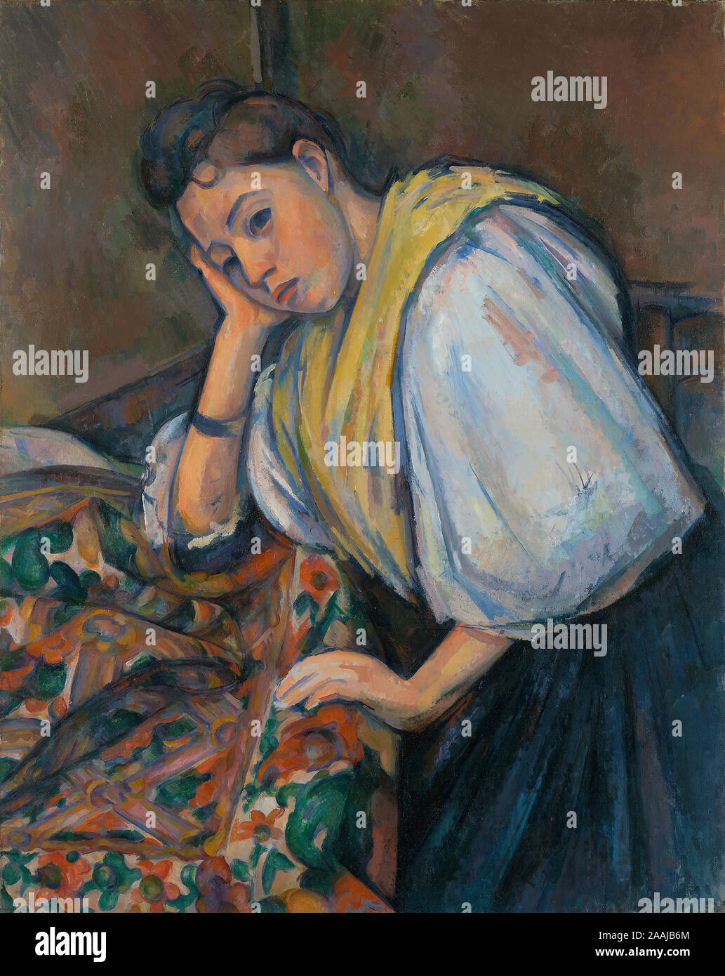 Young Italian Woman at a Table; Paul Cézanne (French, 1839 - 1906); about 1895–1900; Oil on canvas; 92.1 × 73.5 cm (36 1/4 × 28 15/16 in.) Stock Photo