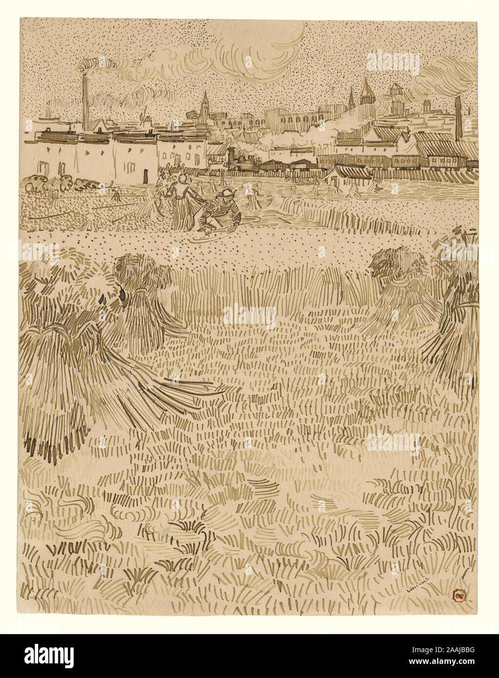 Arles:  View from the Wheatfields; Vincent van Gogh (Dutch, 1853 - 1890); Arles, France; 1888; Reed and quill pens and brown ink; 31.2 × 24.1 cm (12 5/16 × 9 1/2 in.) Stock Photo