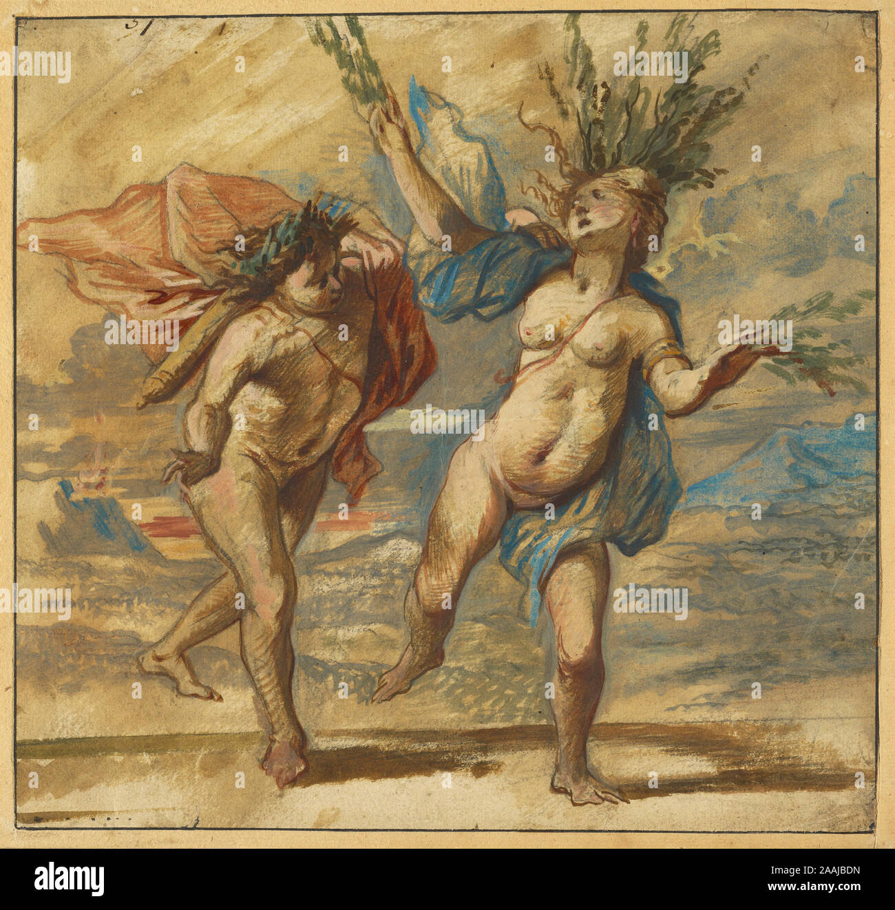 Apollo and Daphne; Jan Boeckhorst (German, about 1604 - 1668); about 1640; Black chalk, pen and brown ink, watercolor, and white gouache heightening; 22.1 x 23.2 cm (8 11/16 x 9 1/8 in.) Stock Photo