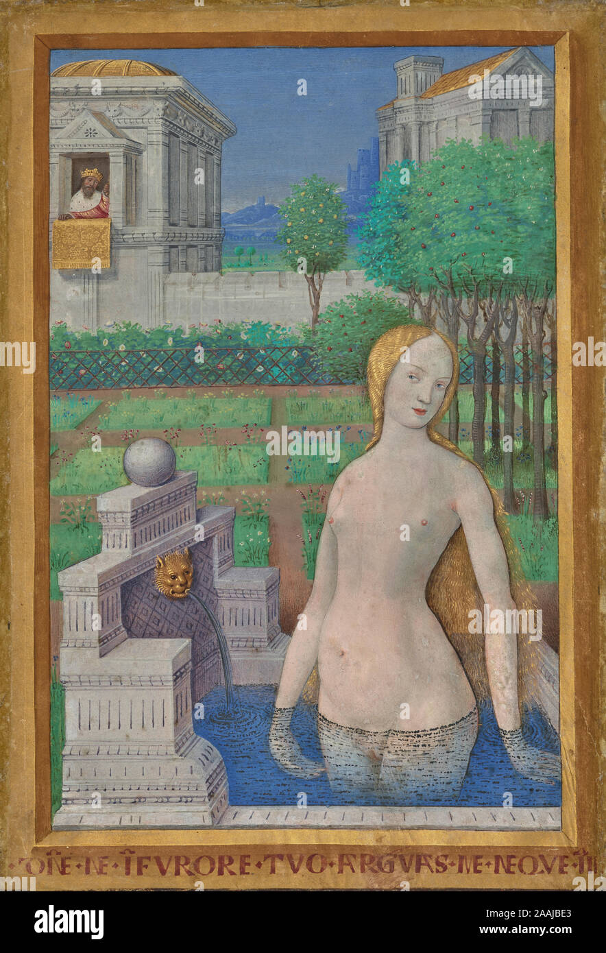 Bathsheba Bathing; Jean Bourdichon (French, 1457 - 1521); Tours, France; 1498–1499; Tempera and gold on parchment; Leaf: 24.3 × 17 cm (9 9/16 × 6 11/16 in.) Stock Photo