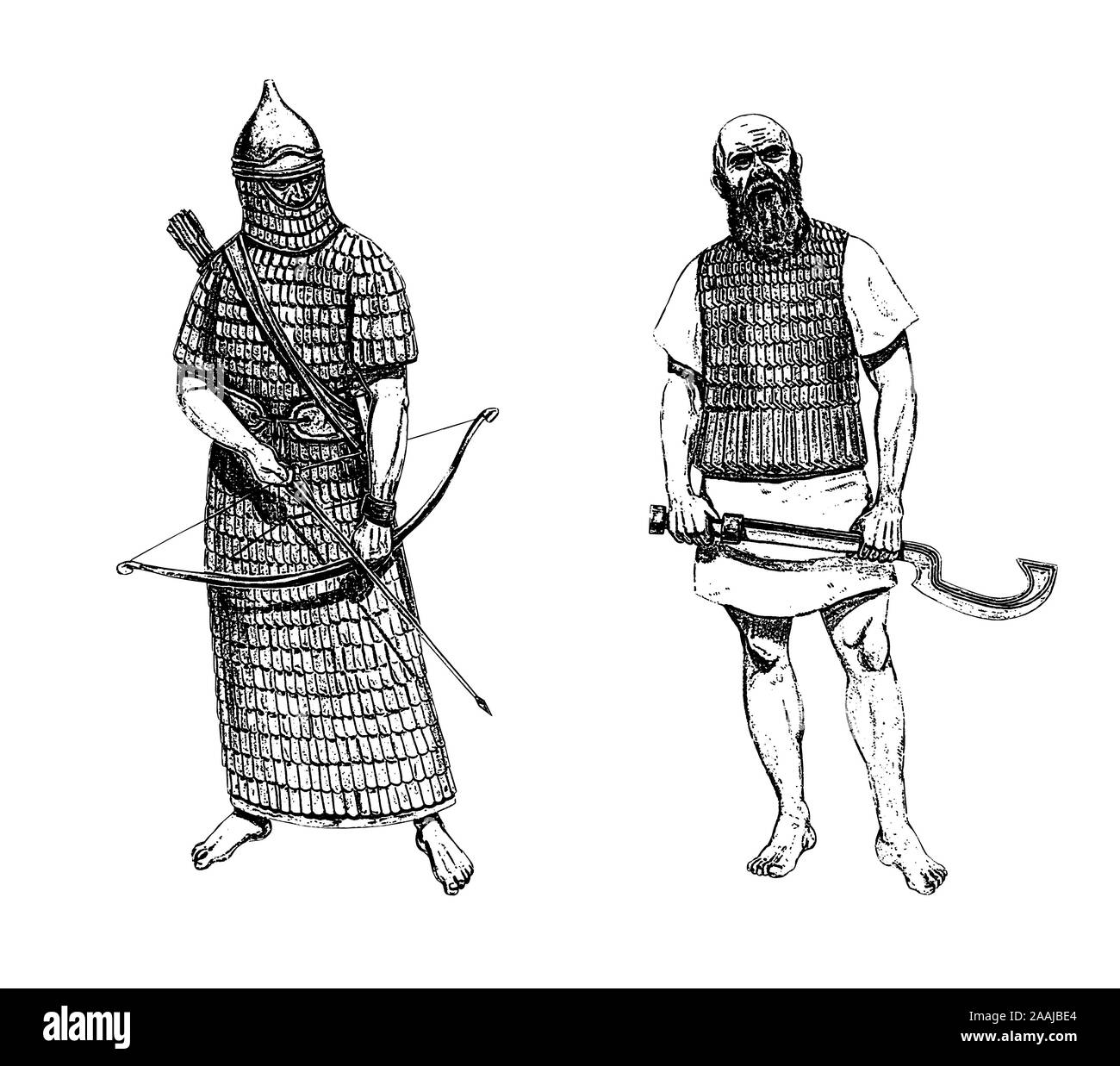 Ancient assyrian warriors. Armoured soldier illustration. Historical illustration. Stock Photo