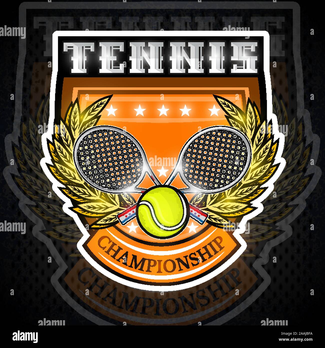 Crossed rackets with tennis ball in the middle of golden wreath on the ...