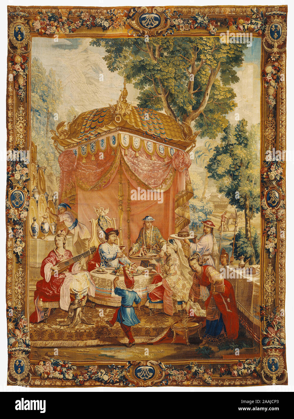 Tapestry: The Collation from The Story of the Emperor of China Series; After cartoons by Guy-Louis Vernansal (French, 1648 - 1729), and Jean-Baptiste Monnoyer (French, 1636 - 1699), and Jean-Baptiste Belin de Fontenay (French, 1653 - 1715), Beauvais Manufactory (French, founded 1664), woven under the direction of Philippe Béhagle (French, 1641 - 1705); Beauvais, France; about 1697 - 1705; Wool and silk; 309.9 x 422.9 cm (122 x 166 1/2 in.) Stock Photo