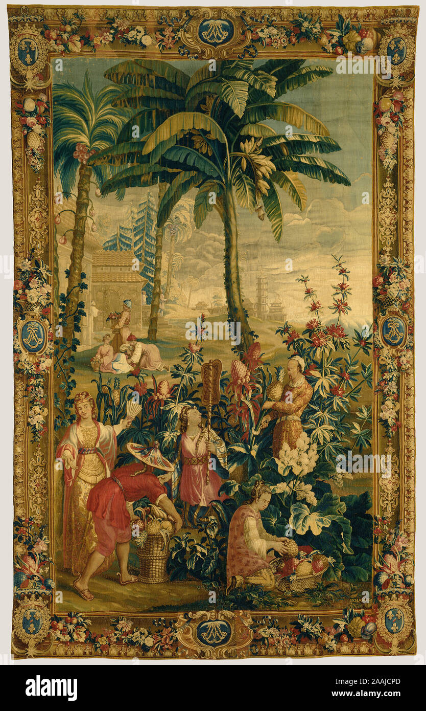 Tapestry: The Harvesting of Pineapples from The Story of the Emperor of China Series; After cartoons by Guy-Louis Vernansal (French, 1648 - 1729), and Jean-Baptiste Monnoyer (French, 1636 - 1699), and Jean-Baptiste Belin de Fontenay (French, 1653 - 1715), Beauvais Manufactory (French, founded 1664), woven under the direction of Philippe Béhagle (French, 1641 - 1705); Beauvais, France; about 1697 - 1705; Wool and silk; 257.8 x 415.3 cm (101 1/2 x 163 1/2 in.) Stock Photo