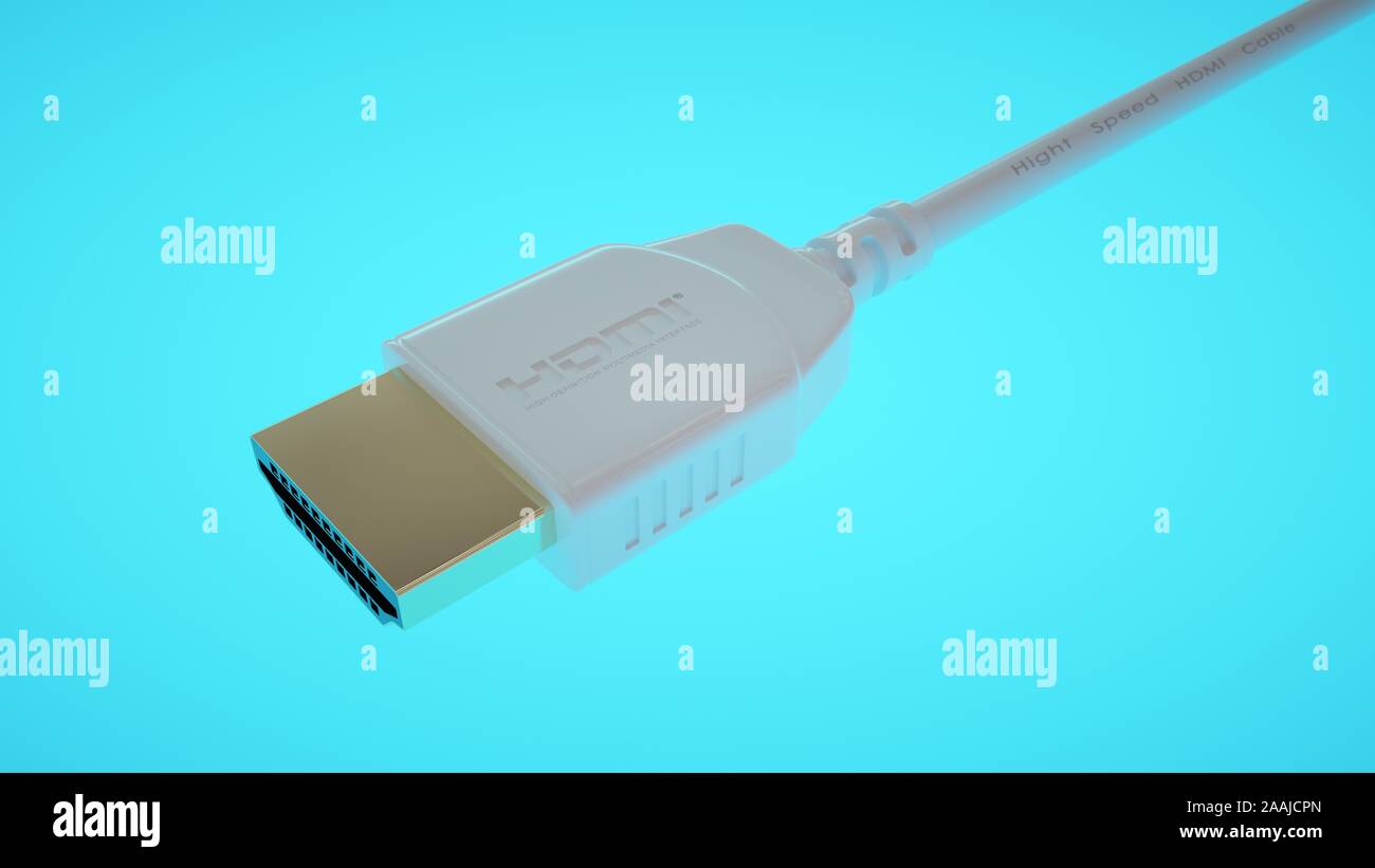 Latest generation HDMI cable and connector on blue illuminated background.  4K and Ethernet cable Stock Photo - Alamy