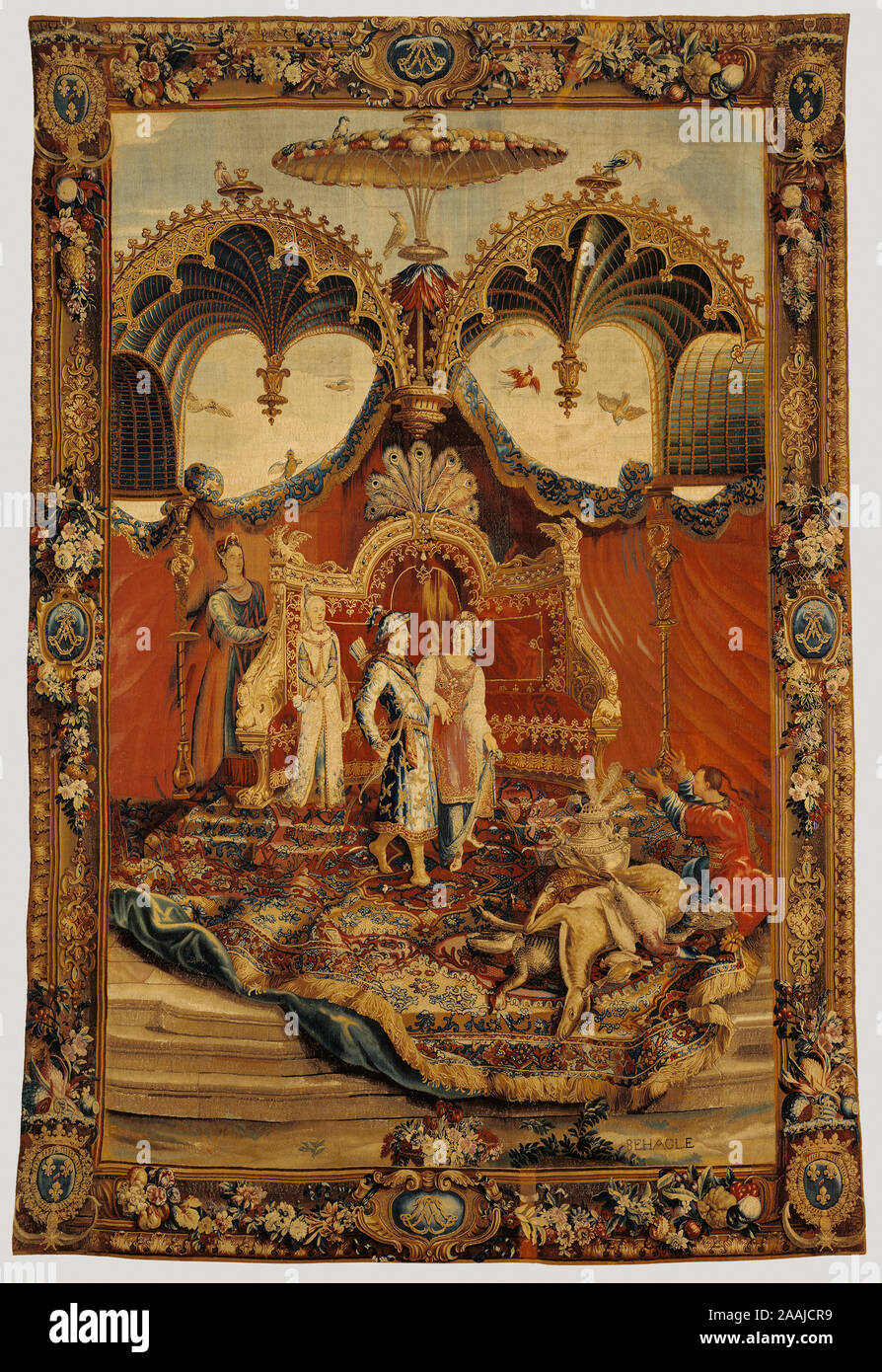 Tapestry: The Return from the Hunt from The Story of the Emperor of China Series; After cartoons by Guy-Louis Vernansal (French, 1648 - 1729), and Jean-Baptiste Monnoyer (French, 1636 - 1699), and Jean-Baptiste Belin de Fontenay (French, 1653 - 1715), Beauvais Manufactory (French, founded 1664), woven under the direction of Philippe Béhagle (French, 1641 - 1705); Beauvais, France; about 1697 - 1705; Wool and silk; modern cotton lining; 421.4 x 290 cm (165 7/8 x 114 3/16 in.) Stock Photo