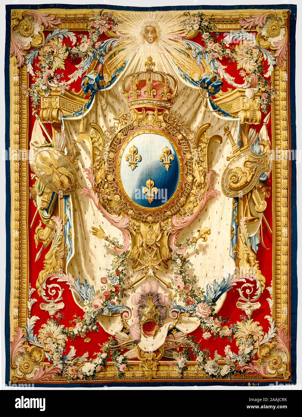 Tapestry: Portière aux Armes de France; woven under the direction of Etienne-Claude Le Blond (French, about 1700 - 1751), Pierre-Josse Perrot (French, active 1724 - 1750), Royal Factory of Furniture to the Crown at the Gobelins Manufactory (French, founded 1662 - present); Gobelins, France; designed 1727, woven about 1730 - 1740; Wool and silk; modern cotton lining; 360.7 x 266.7 cm (142 x 105 in.) Stock Photo
