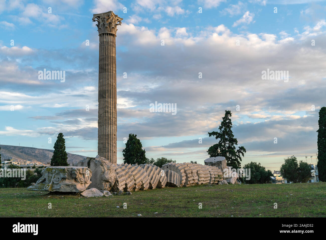 The temple of Olympian Zeus in the Greek capital of Athens. Broken pieces of fallen column. Stock Photo