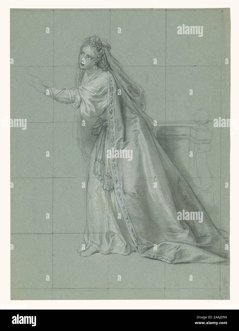 Study of a Woman Turned Toward the Left; Charles-Antoine Coypel (French, 1694 - 1752); about 1749; Black and white chalk on blue-gray paper; 43.8 x 32.9 cm Stock Photo