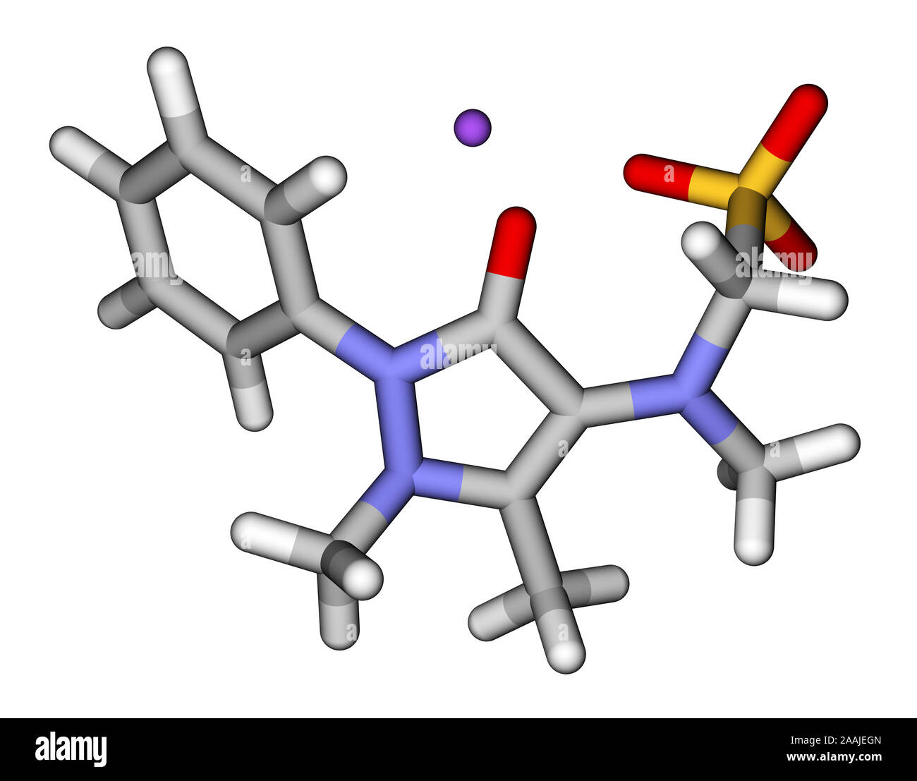Metamizole, an analgesic and antipyretic drug. 3D molecular structure Stock Photo