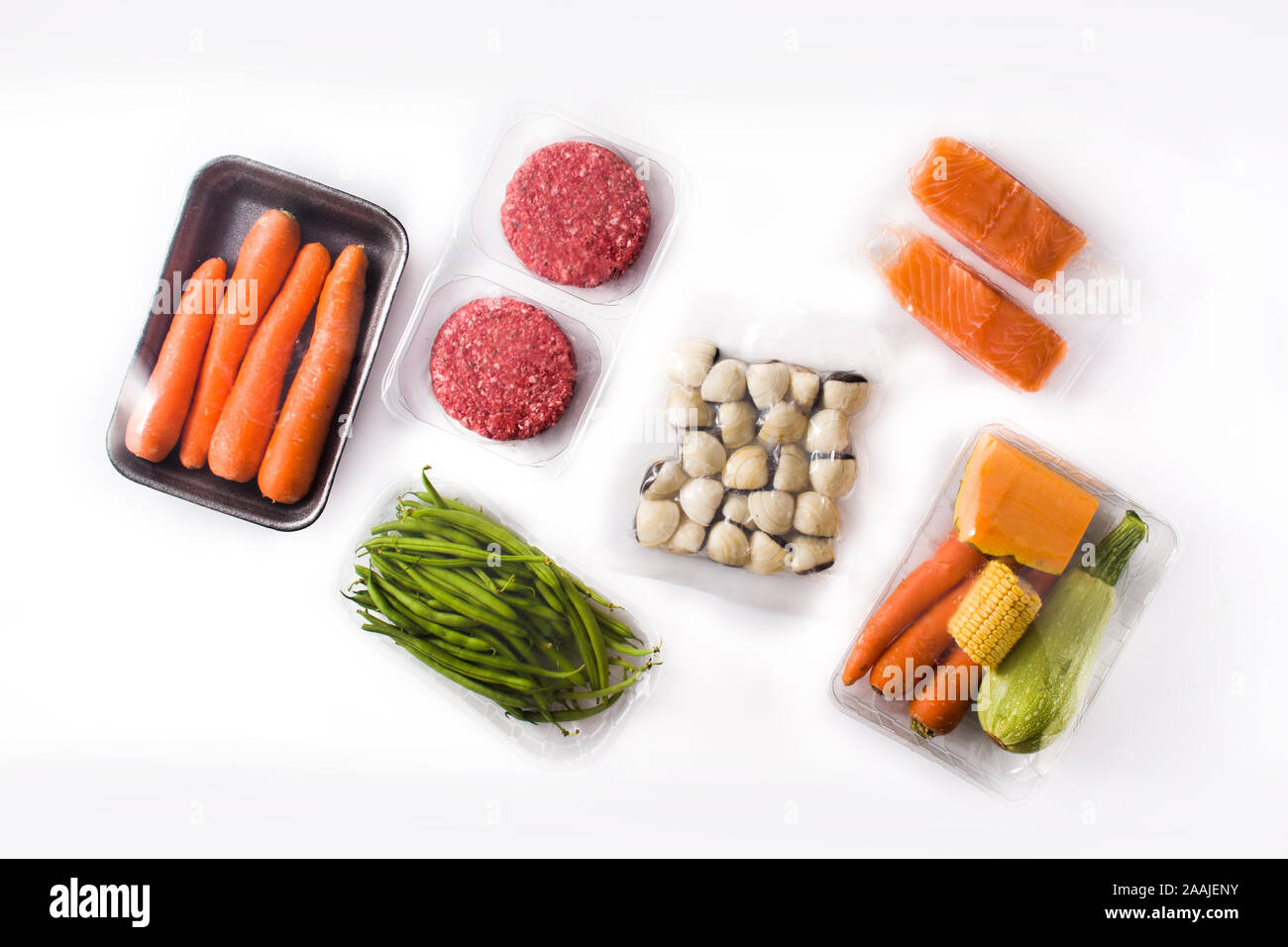 Different types of meat, vegetables and seafood isolated on white background Stock Photo