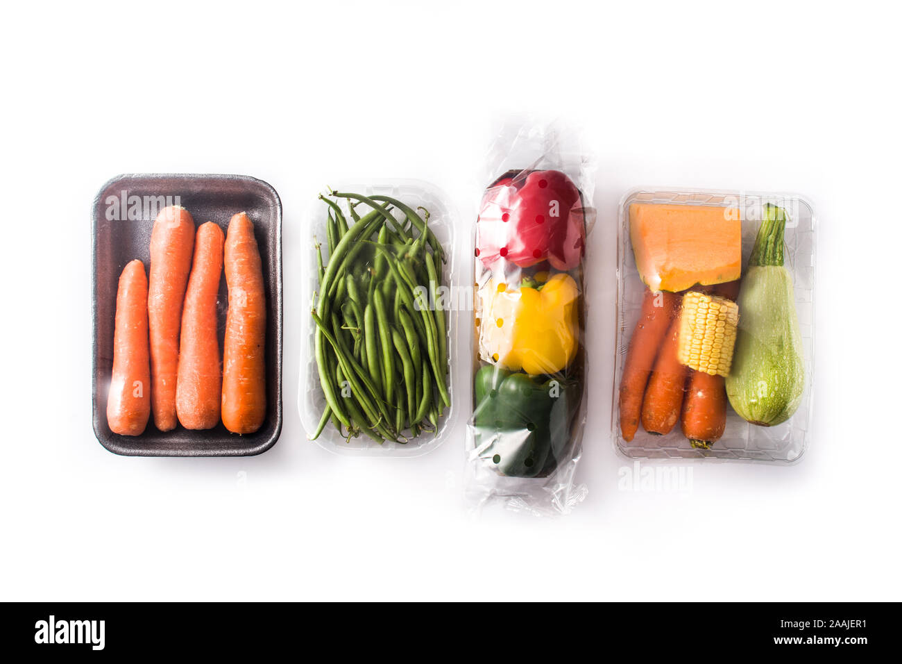 Different types vegetables packaged isolated on white background Stock