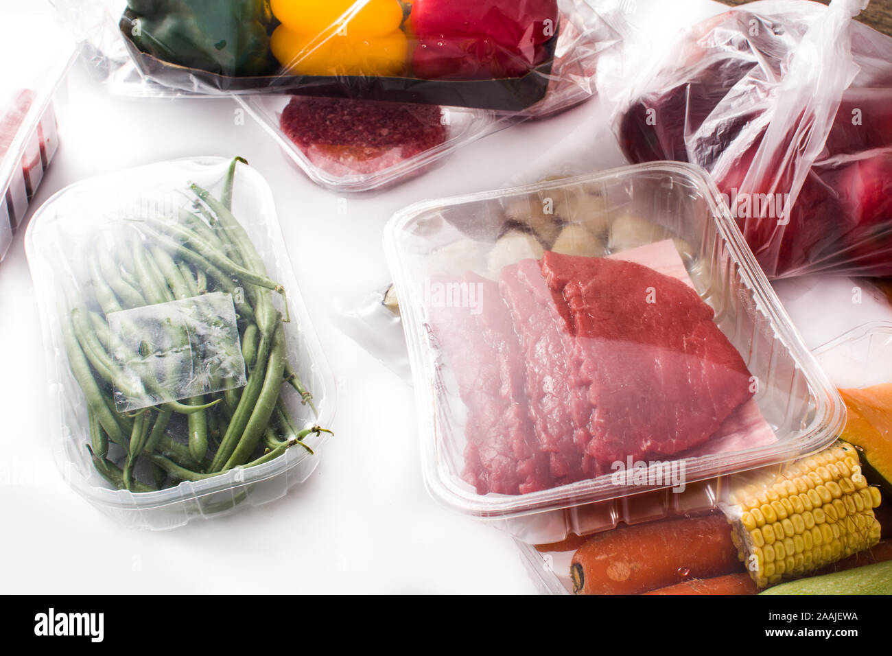 Different types of meat, vegetables and seafood isolated on white background Stock Photo