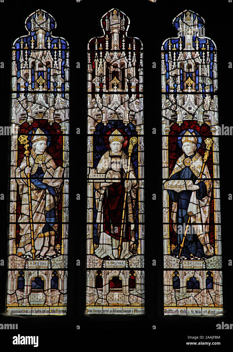 A stained glass window by Burliuson & Grylls depicting saints Dyfrig