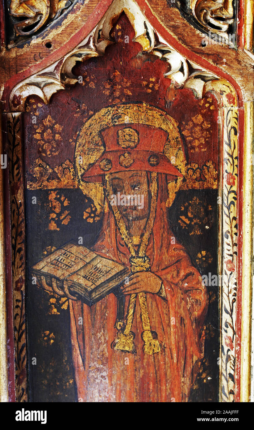 c15th Century Painted Rood Screen depicting St Jerome, St Peter's and St Paul's Tunstead Church, Norfolk Stock Photo