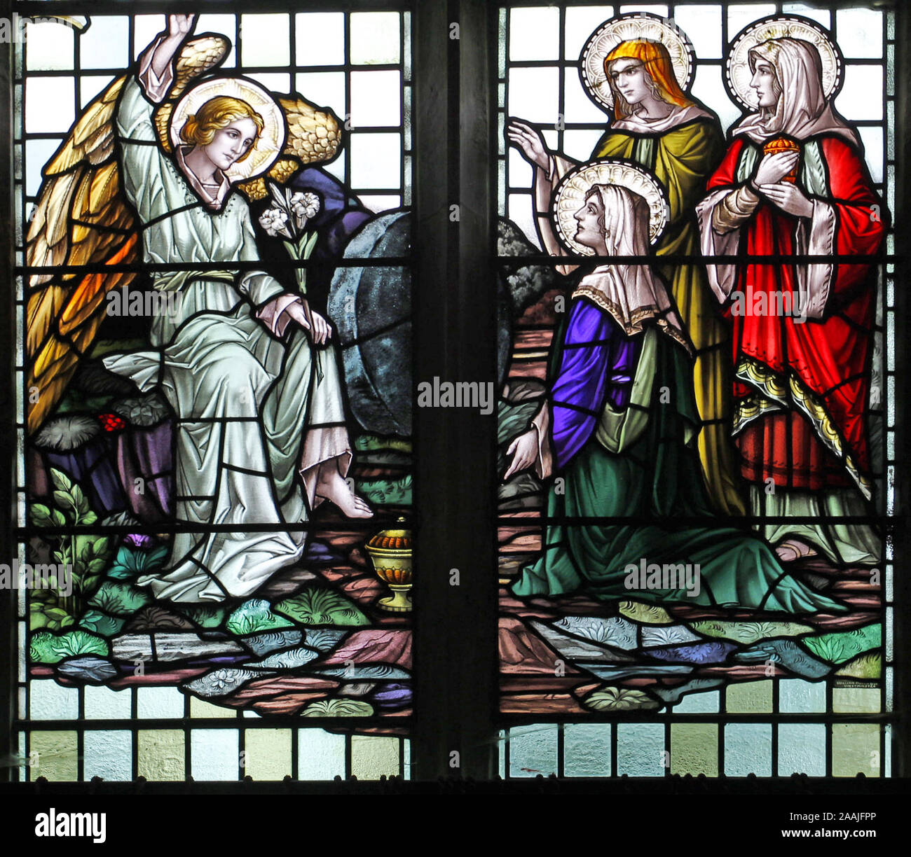 Stained glass window by William Morris & Co.depicting The Three Maries at the Sepulchre, St Swithin's Church, Ashmanhaugh, Norfolk Stock Photo