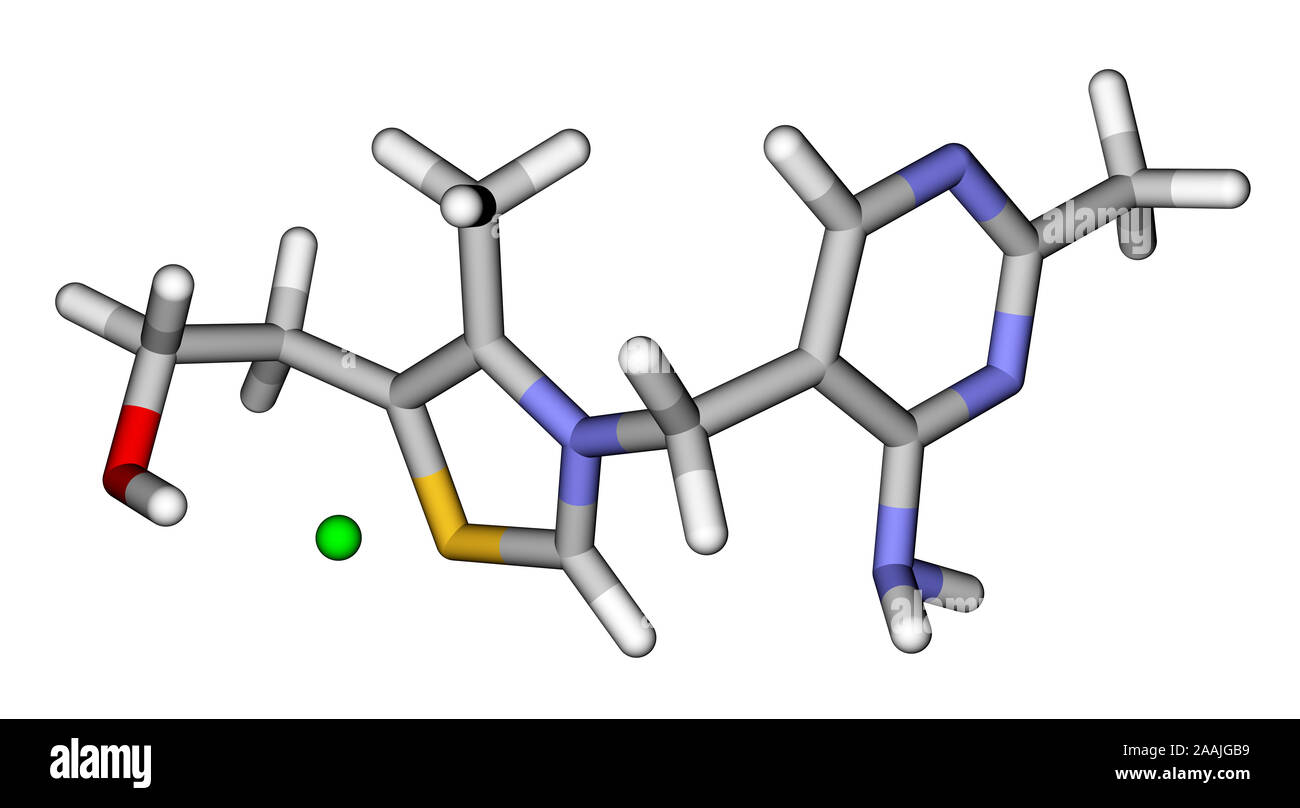 Thiamine (vitamin B1) 3D molecular model Stock Photo
