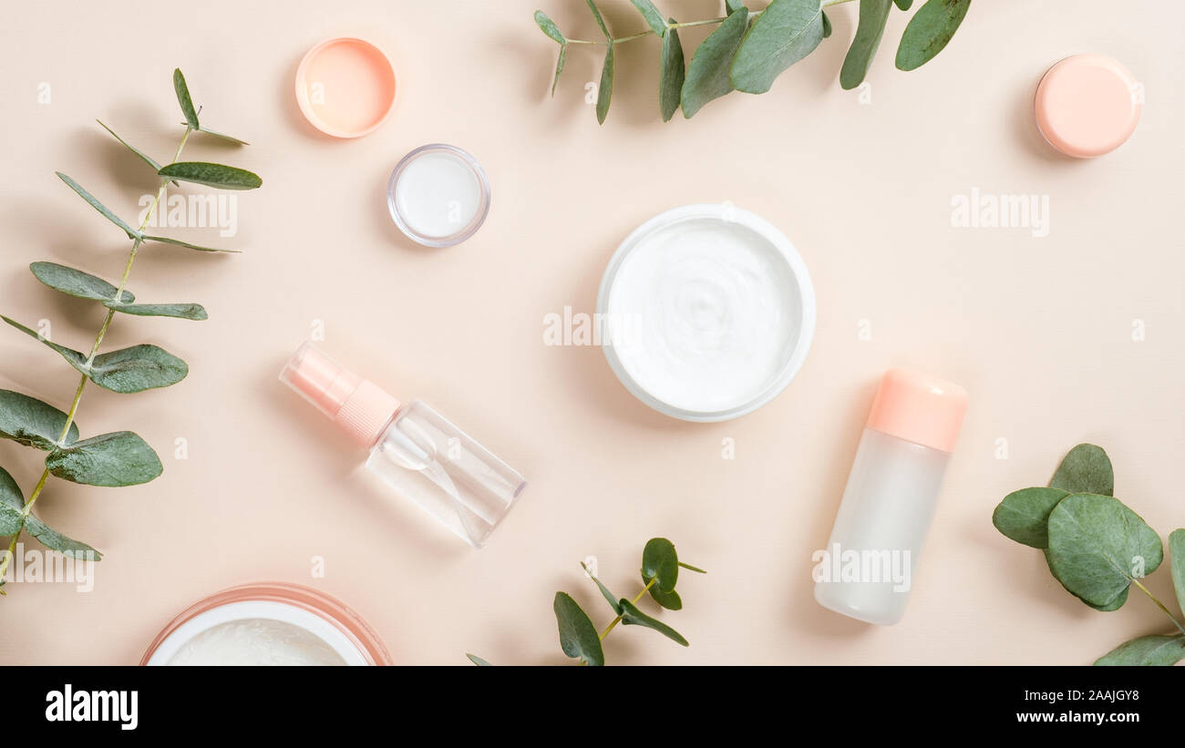 Flat lay composition with natural organic cosmetic products on beige ...