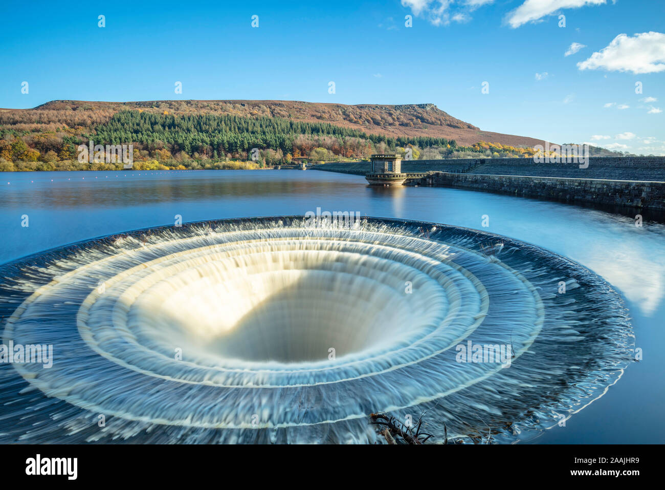 Ladybower Reservoir overflow bellmouth overflow bell-mouth spillway Ladybower reservoir Derbyshire Peak District national Park Derbyshire England UK Stock Photo