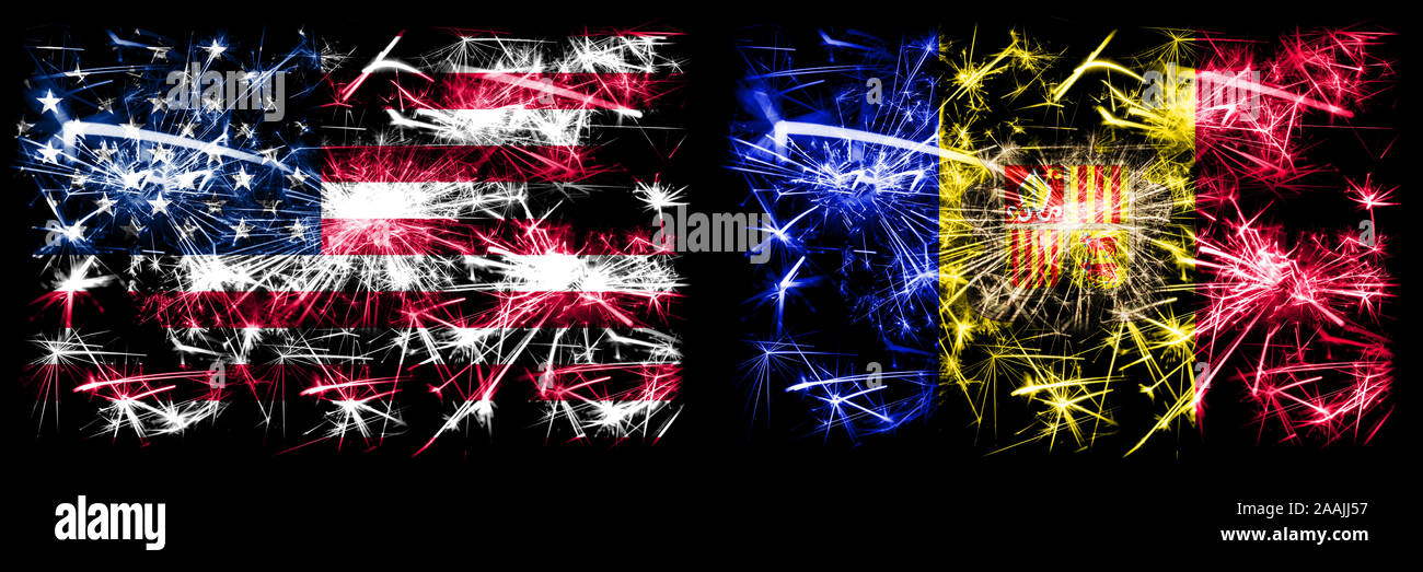 United States of America, USA vs Andorra, Andorran New Year celebration sparkling fireworks flags concept background. Combination of two abstract stat Stock Photo