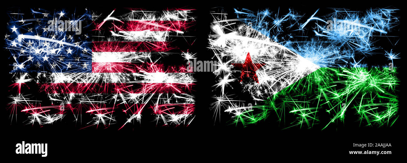 United States of America, USA vs Djibouti New Year celebration sparkling fireworks flags concept background. Combination of two abstract states flags. Stock Photo