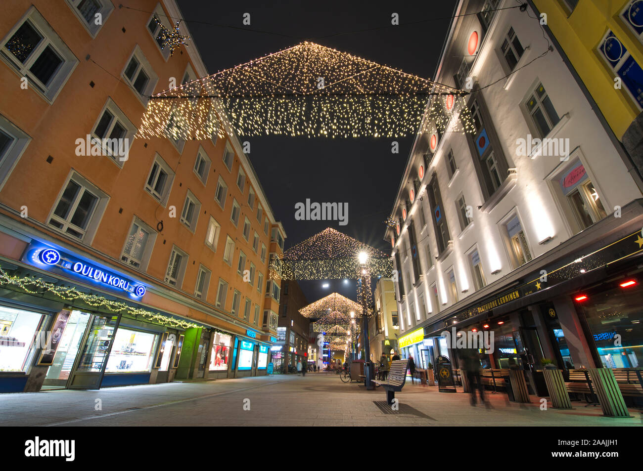 Rotuaari pedestrian zone with christmas lights, Oulu, Finland Stock Photo -  Alamy