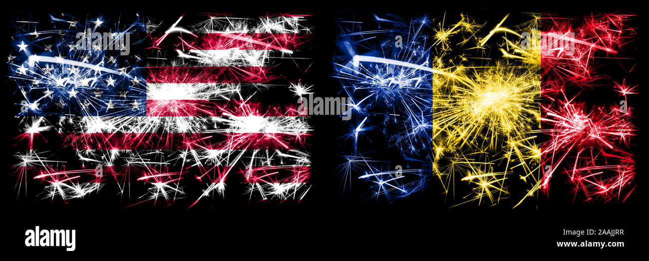 United States of America, USA vs Romania, Romanian New Year celebration sparkling fireworks flags concept background. Combination of two abstract stat Stock Photo