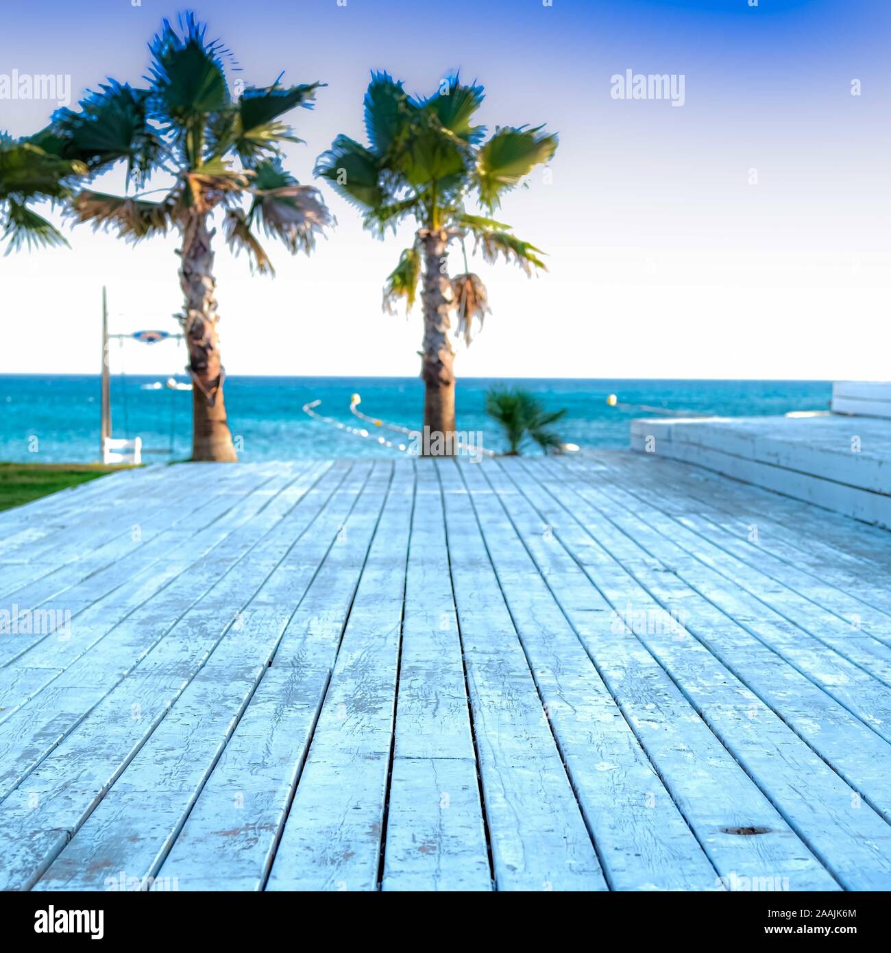 White boards of beach deck going to horison with palms and blue sea and  sky. Natural summer seaside background. Holiday concept Stock Photo - Alamy