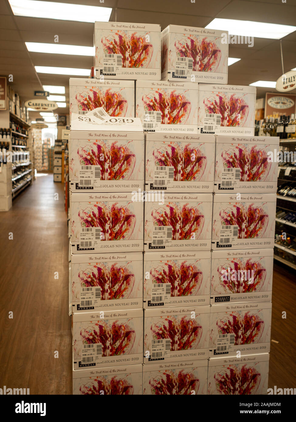 stack of Beaujolais Nouveau wine cases in the wine store on the third Thursday of November 2019 Stock Photo