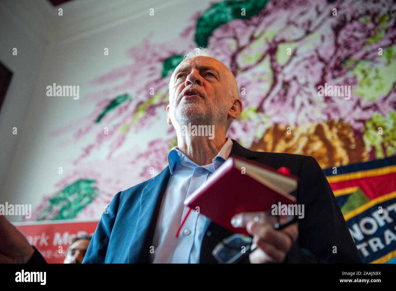 Staffordshire, UK. 22 November 2019. Labour leader Jeremy Corbyn at a Labour rally in Fenton, Stoke-on-Trent. The Stoke South seat is marginal with the Conservatives holding a majority of just over 600 votes. Credit: Benjamin Wareing/ Alamy Live News Stock Photo