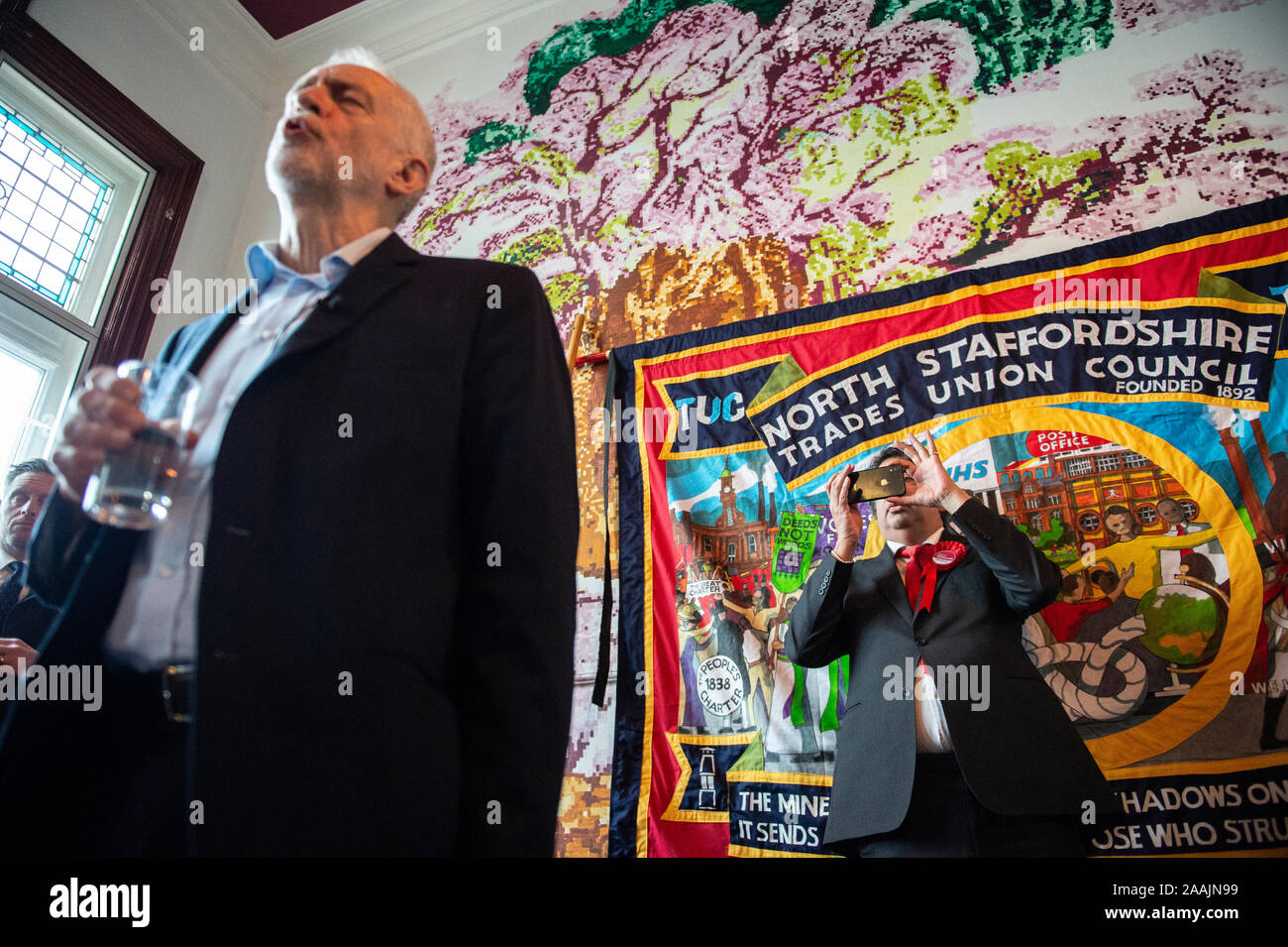 Staffordshire, UK. 22 November 2019. Labour leader Jeremy Corbyn with Stoke South labour candidate Mark McDonald (right) at a Labour rally in Fenton, Stoke-on-Trent. The Stoke South seat is marginal with the Conservatives holding a majority of just over 600 votes. Credit: Benjamin Wareing/ Alamy Live News Stock Photo