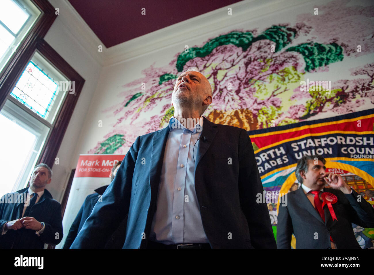 Staffordshire, UK. 22 November 2019. Labour leader Jeremy Corbyn with Stoke South labour candidate Mark McDonald (right) at a Labour rally in Fenton, Stoke-on-Trent. The Stoke South seat is marginal with the Conservatives holding a majority of just over 600 votes. Credit: Benjamin Wareing/ Alamy Live News Stock Photo