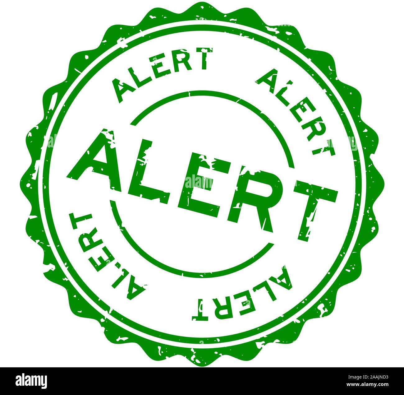 Grunge green alert word round rubber seal stamp on white background