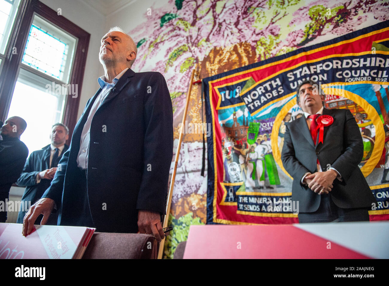 Staffordshire, UK. 22 November 2019. Labour leader Jeremy Corbyn at a Labour rally in Fenton, Stoke-on-Trent with Stoke South labour candidate Mark McDonald (right). The Stoke South seat is marginal with the Conservatives holding a majority of just over 600 votes. Credit: Benjamin Wareing/ Alamy Live News Stock Photo