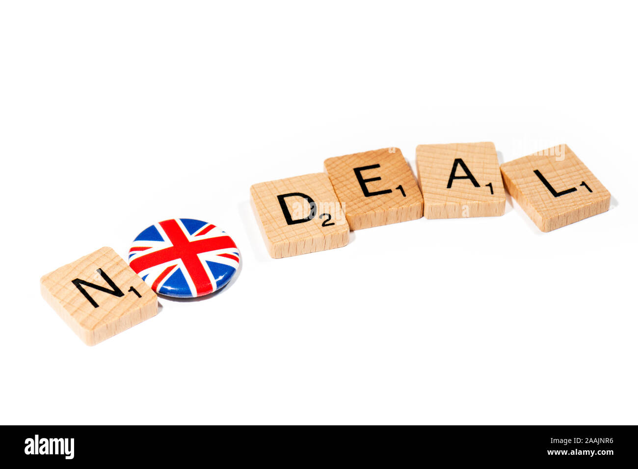 Conceptual: Scrabble letters spell out NO DEAL with a Union Flag pin badge as the O. Stock Photo