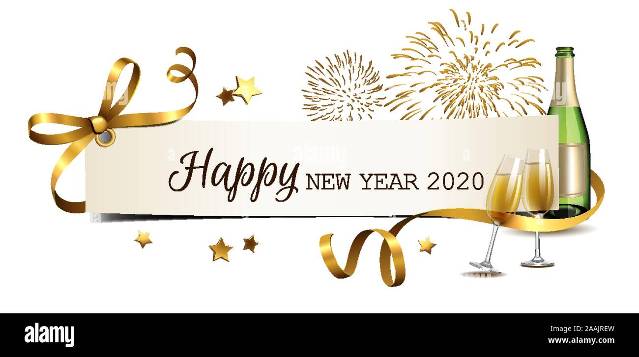 New year banner with golden bow, fireworks, champagne bottle and glasses Stock Vector